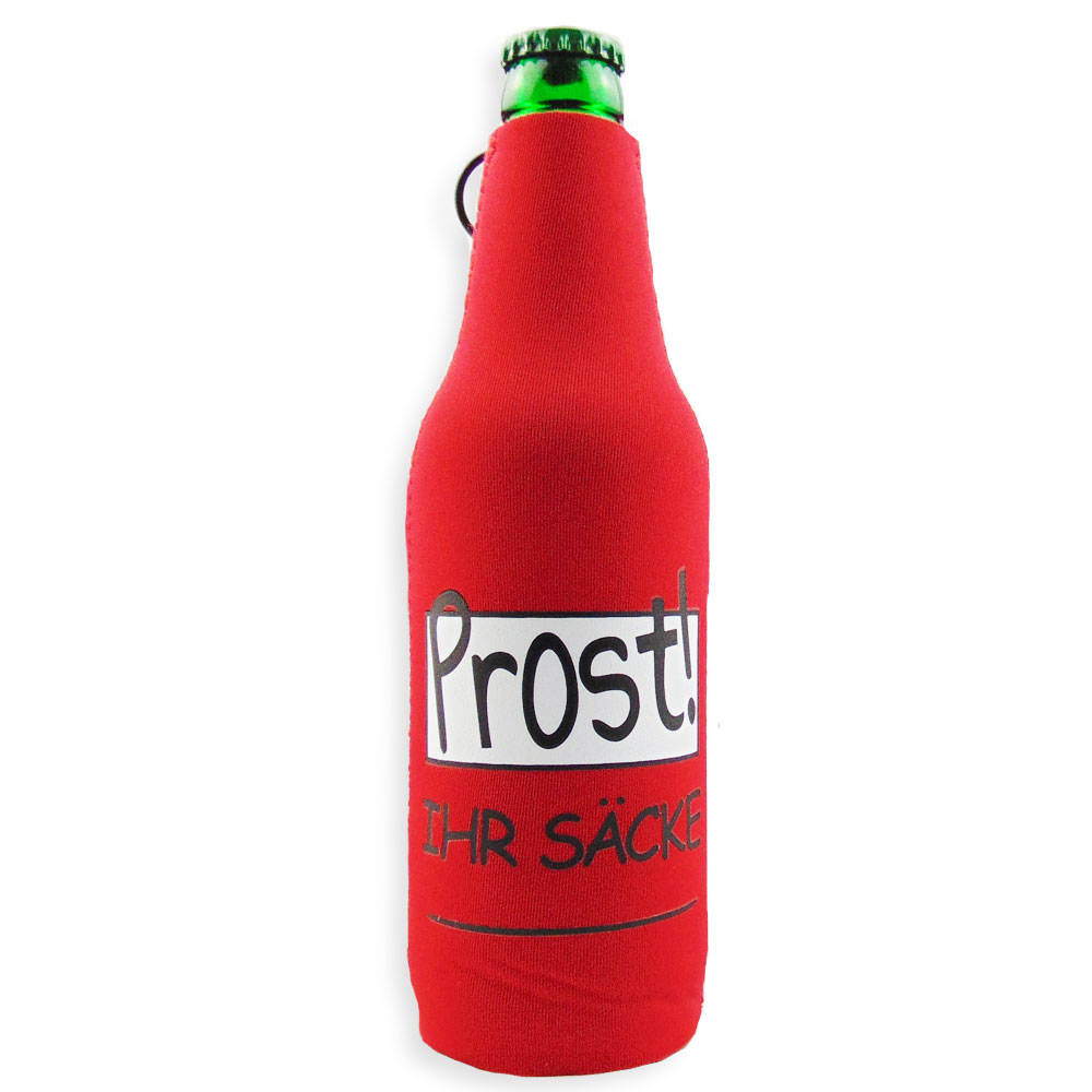 Roter Bierflaschen-Kühler mit Reißverschluss und Prost-Motiv