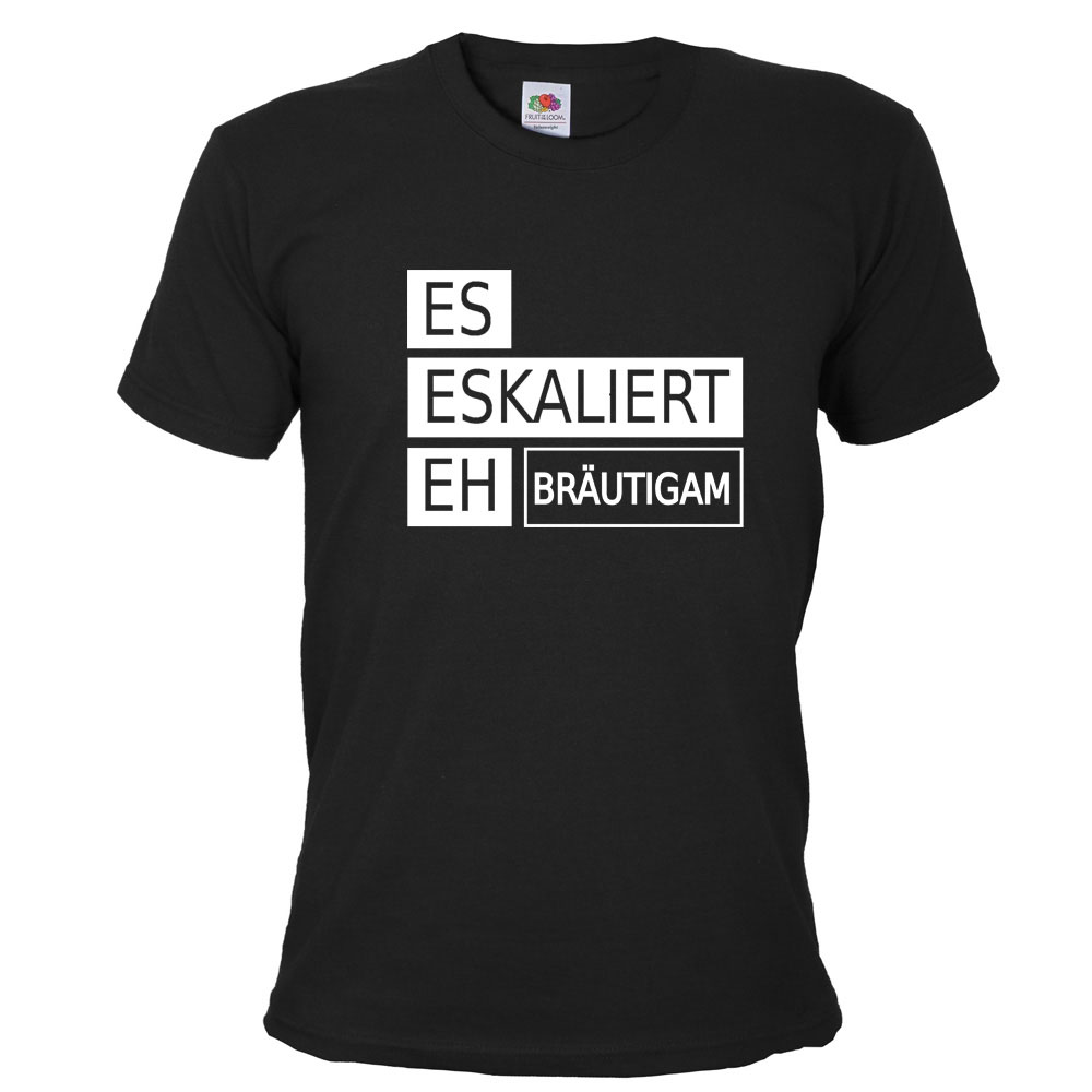 Schwarzes Bräutigam-T-Shirt mit Eskaliert eh-Print für den Männer-JGA
