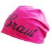 Pinkfarbene JGA Beanie-Mütze mit Braut-Schriftzug - Seitenansicht