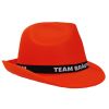 Orangefarbener JGA Gangster-Hut mit Team Bräutigam-Hutband
