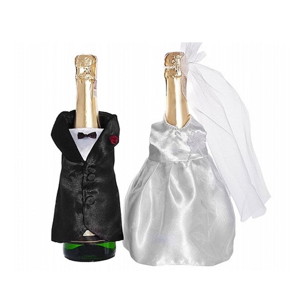 Flaschen-Dekoration mit Frack und Brautkleid