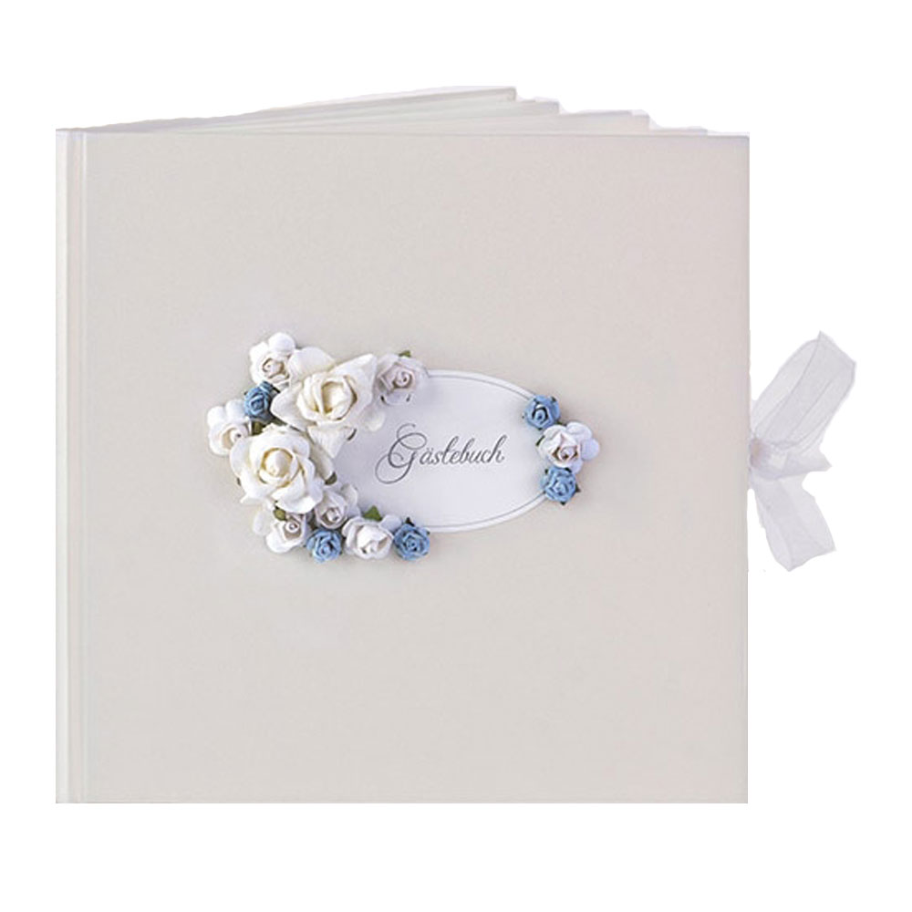 Weißes Hochzeits-Gästebuch mit Blumendekoration