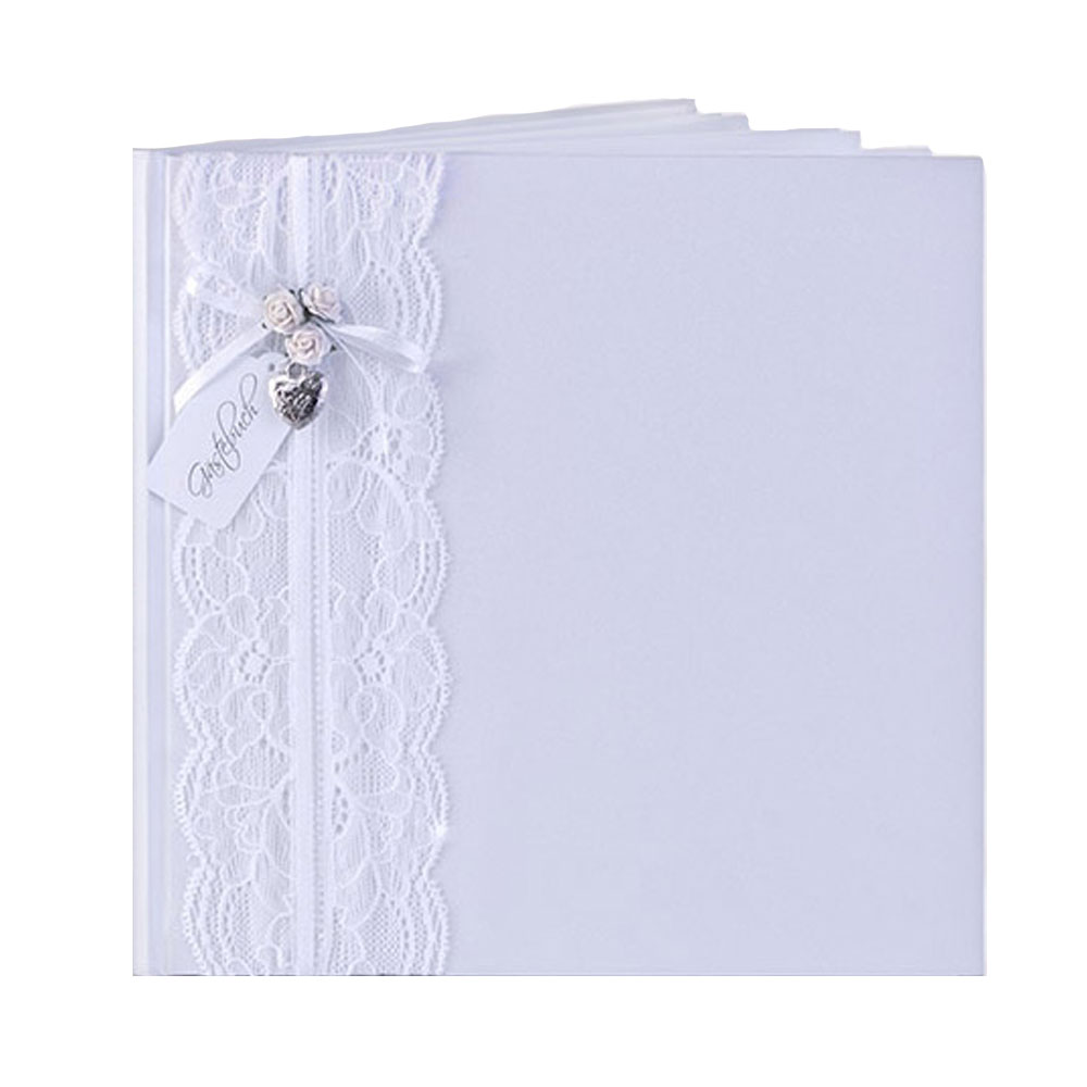Weißes Hochzeits-Gästebuch mit Verzierung aus Spitze