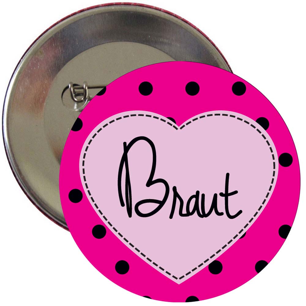 Pinkfarbener JGA Button mit Punkten und Herz mit Braut-Schriftzug