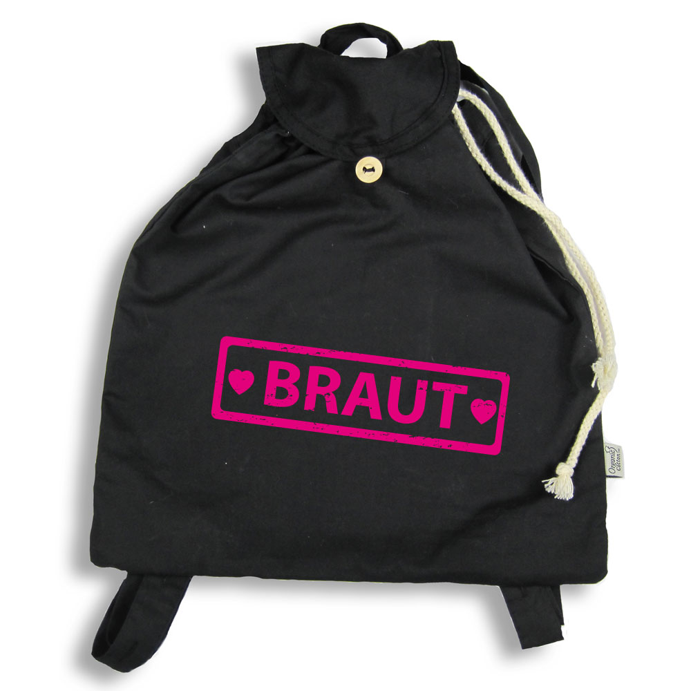 Schwarzer Backpack mit Braut-Schriftzug