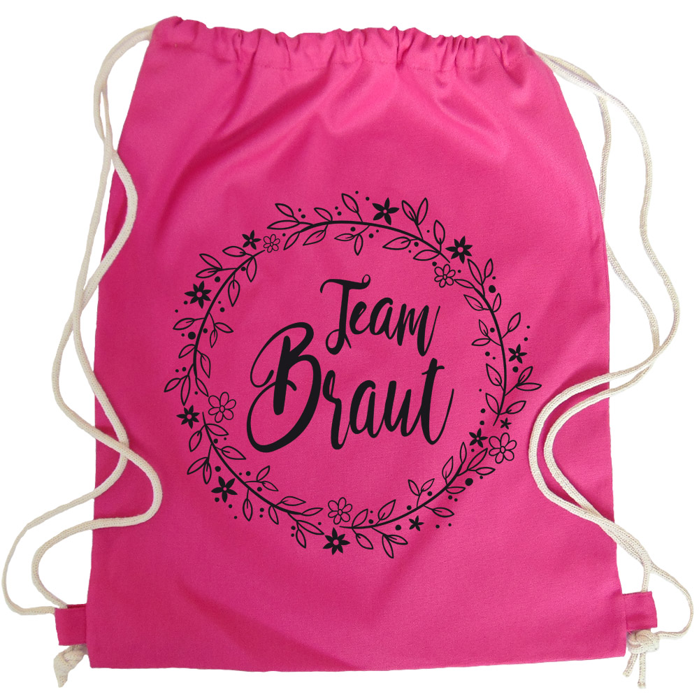 Team Braut JGA-Turnbeutel mit Blumen in Pink
