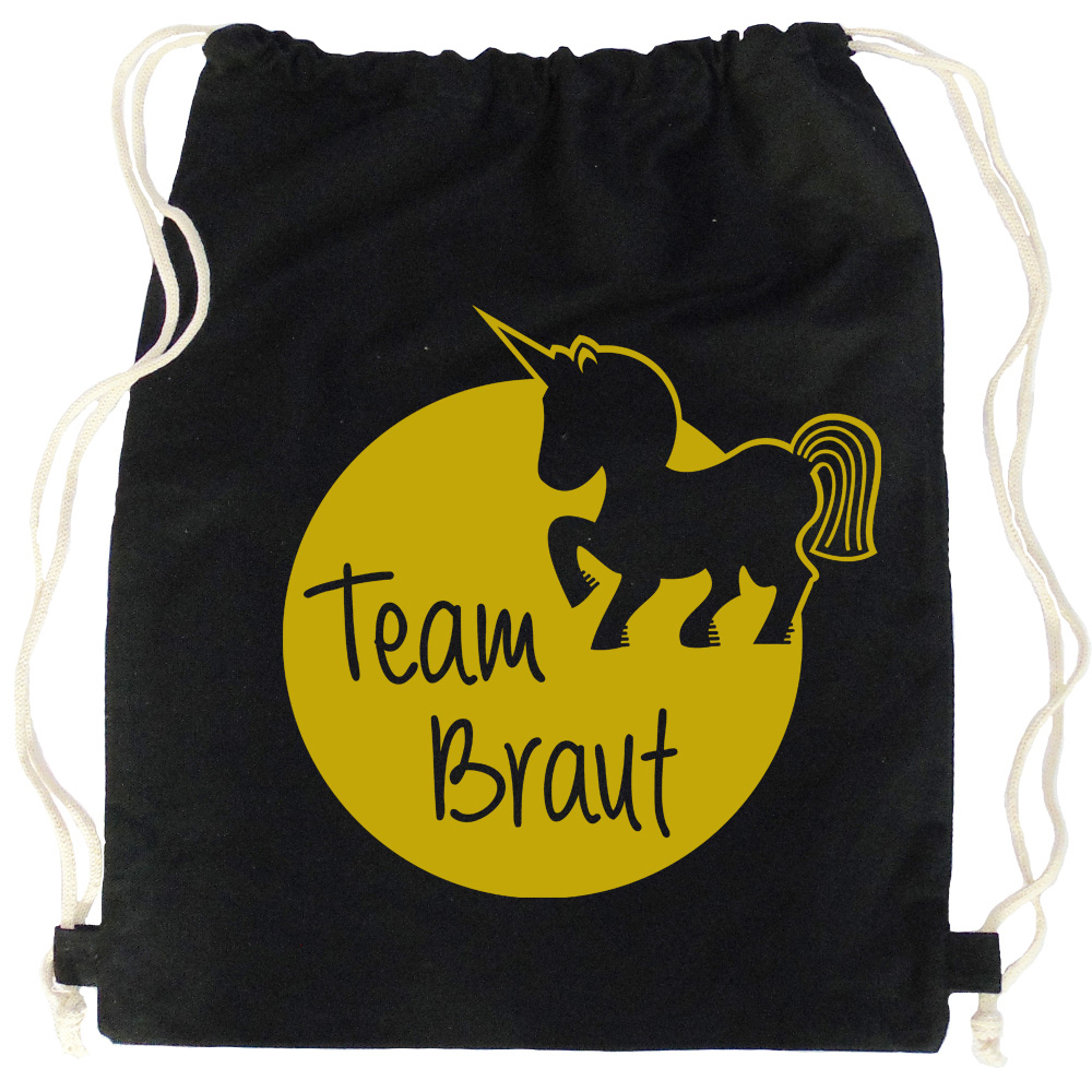 JGA Turnbeutel Team Braut mit Einhorn - Schwarz