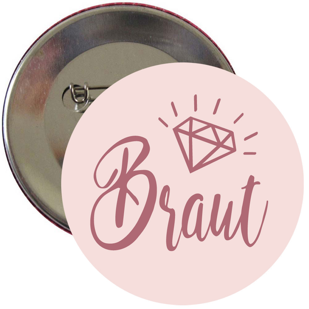 JGA Button mit Braut-Schriftzug in Rosé-Gold