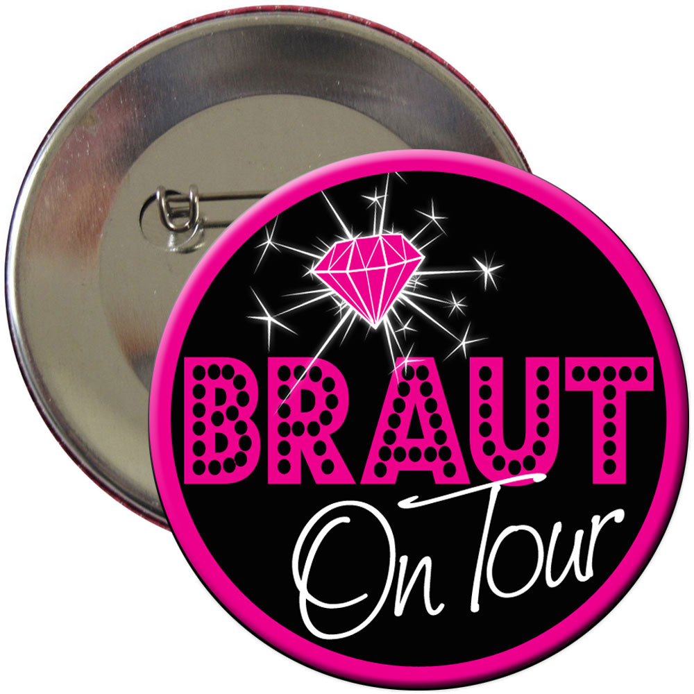 JGA-Button mit Braut on Tour-Motiv