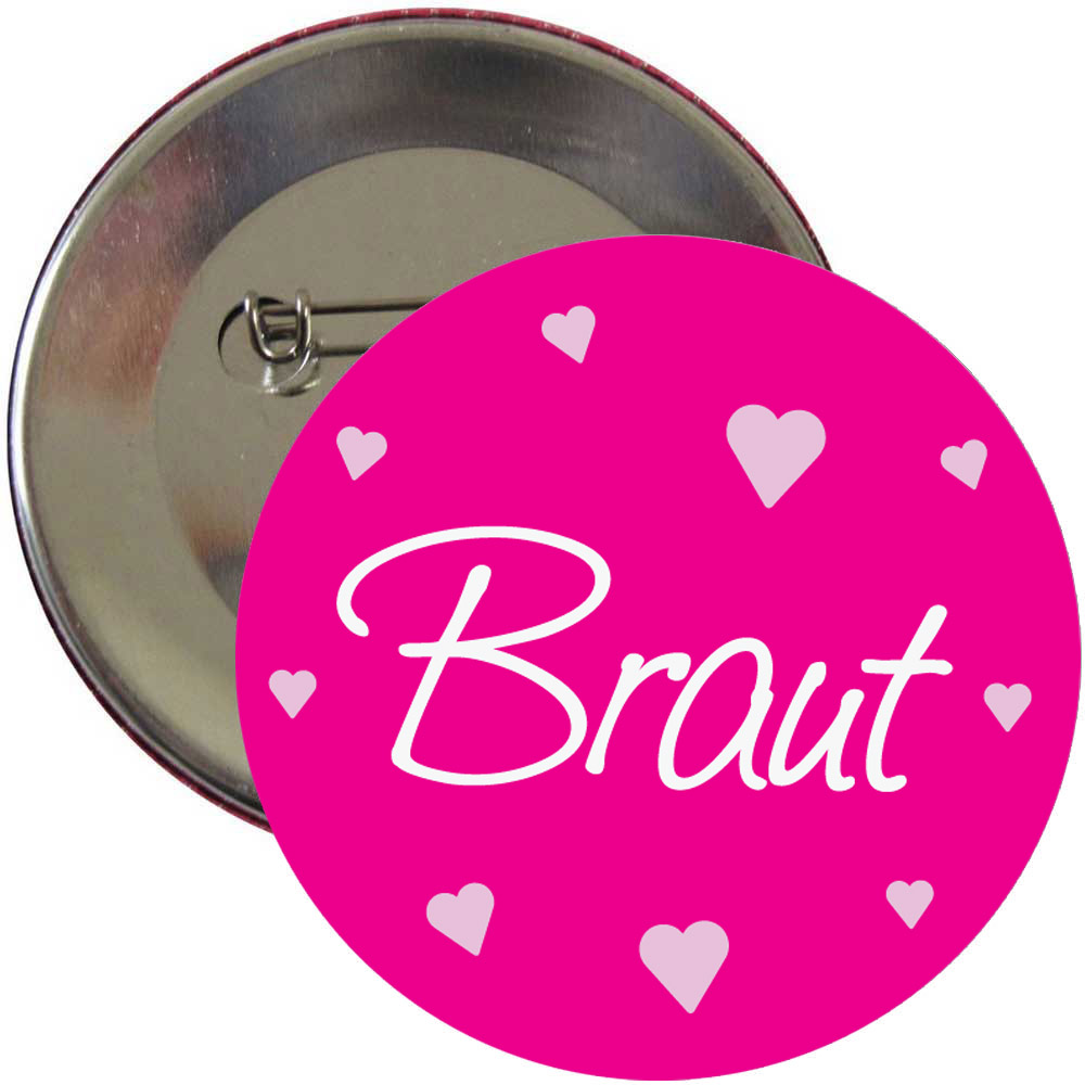 Pinkfarbener JGA-Button mit Herzen für Damen - Braut-Schriftzug