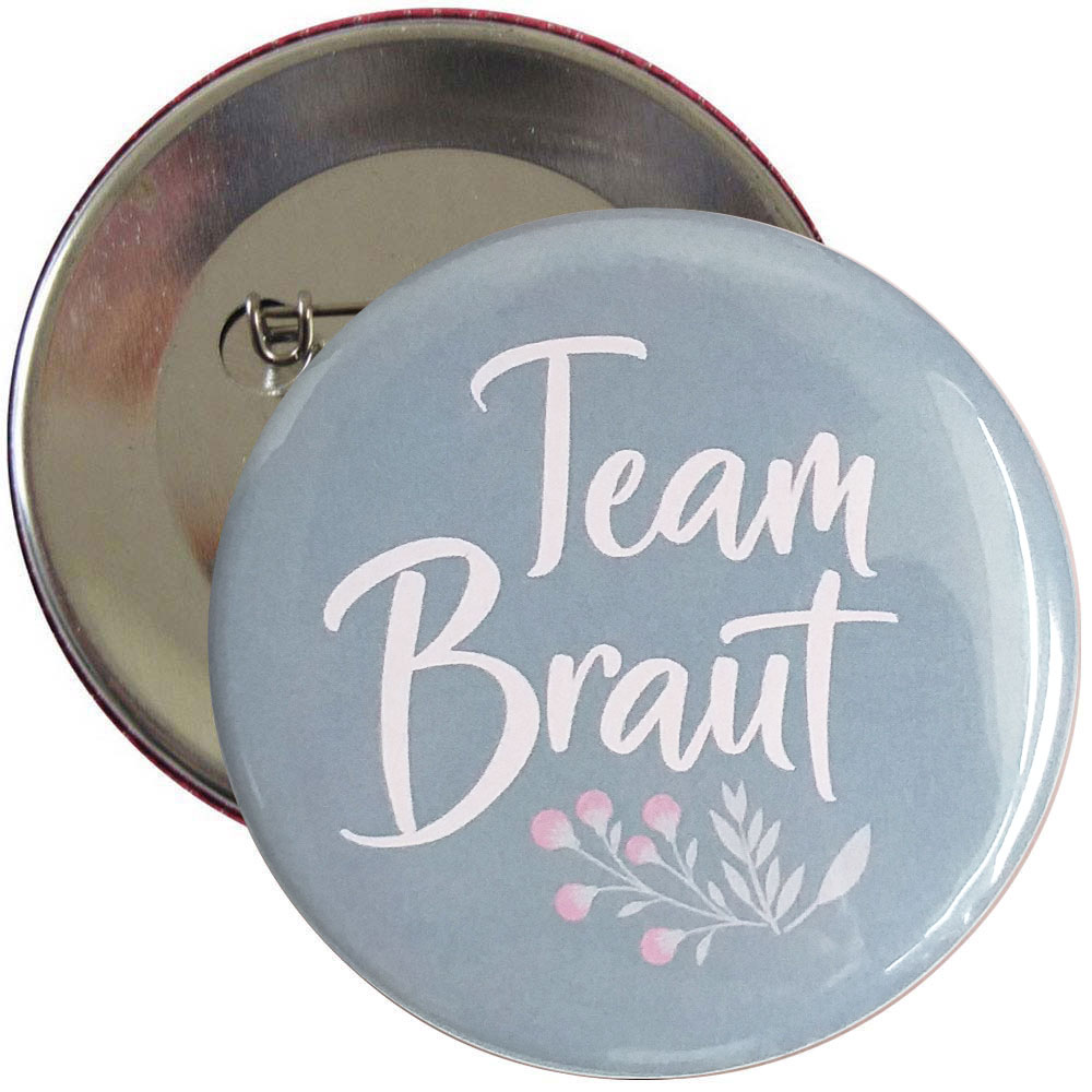 Hellgrauer Team Braut-Button mit Rosen-Motiv für den Junggesellinnenabschied