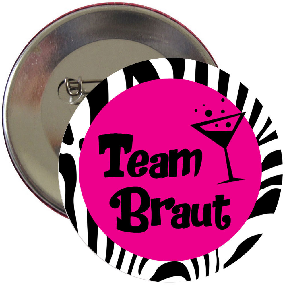 Team Braut-Button im Zebra-Design für den Junggesellinnenabschied