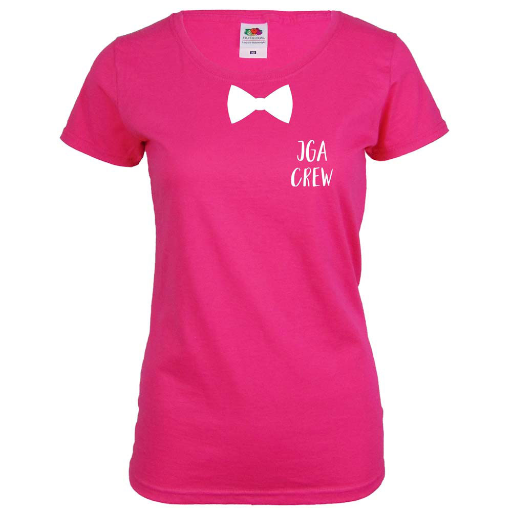 Pinkfarbenes Damen JGA Crew-T-Shirt mit aufgedruckter Fliege