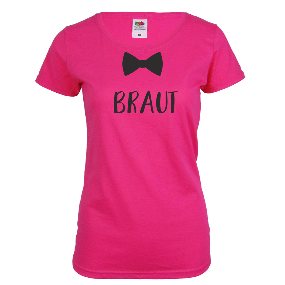 Pinkfarbenes JGA Braut-T-Shirt mit aufgedruckter Fliege