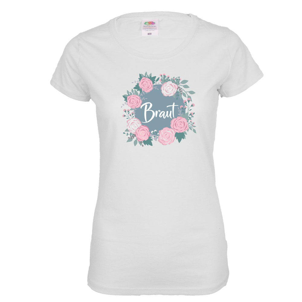 Weißes Damen JGA-Shirt mit Braut-Motiv im Rosen-Design