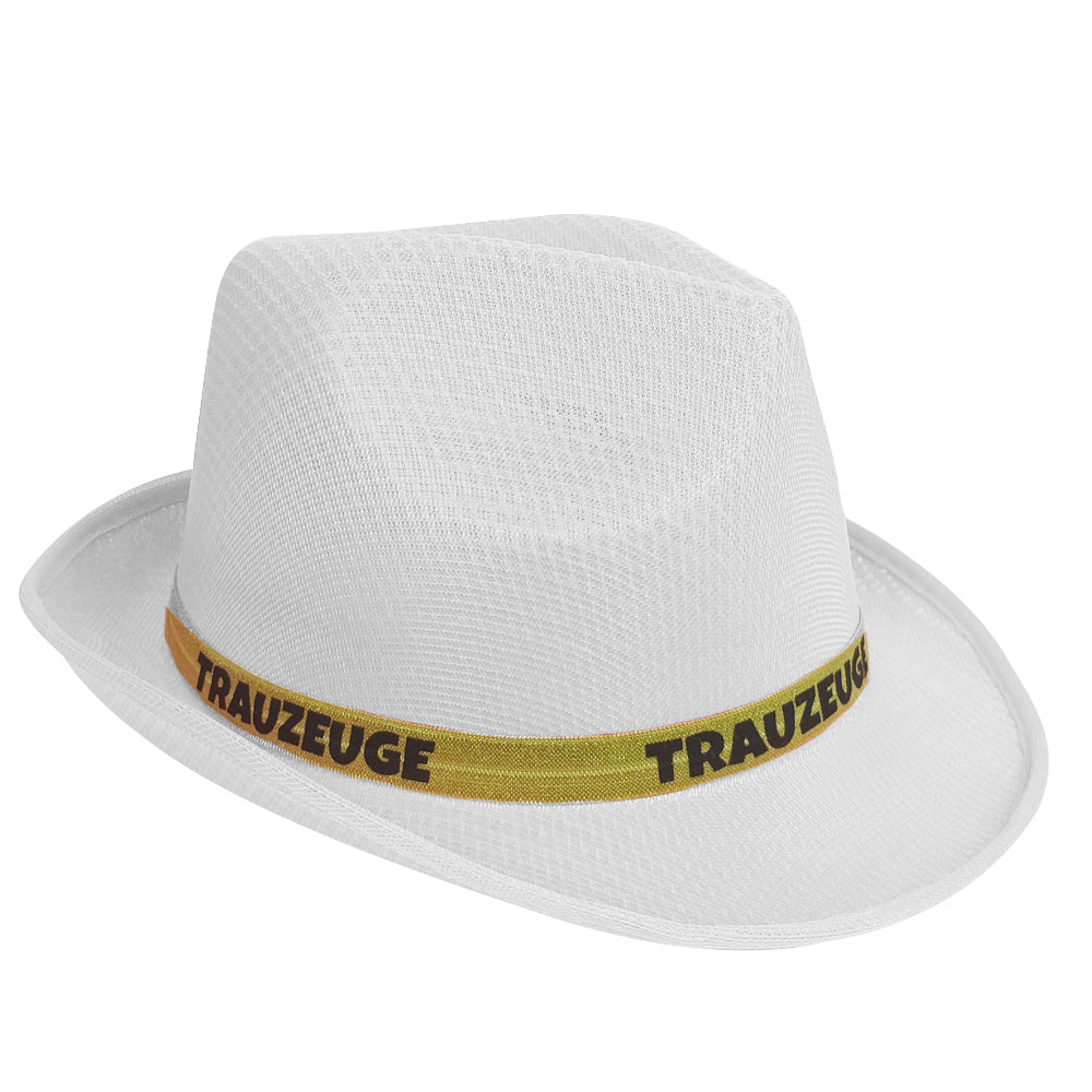 Weißer JGA-Hut mit goldfarbenem Trauzeuge-Hutband