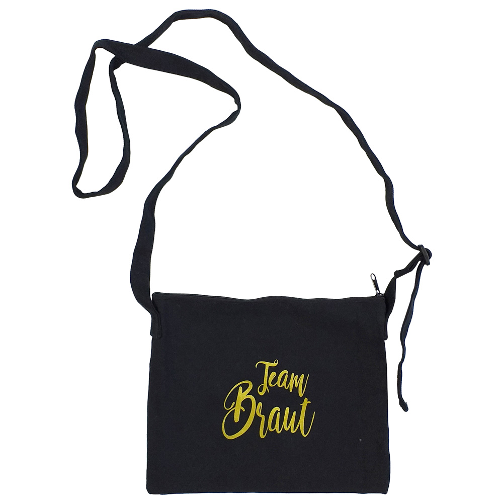 Schwarze JGA-Handtasche mit goldfarbenem Team Braut-Schriftzug