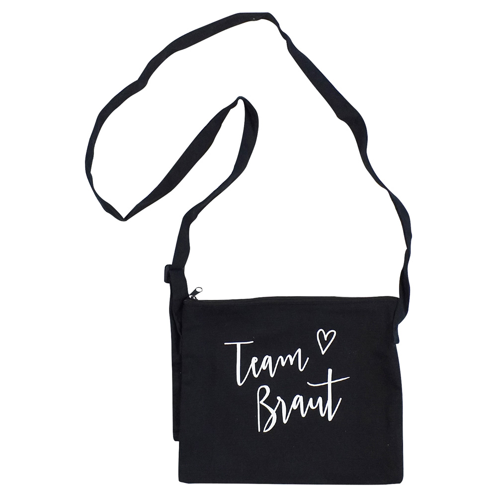 Schwarze JGA-Handtasche mit Team Braut-Schriftzug im Herz-Design