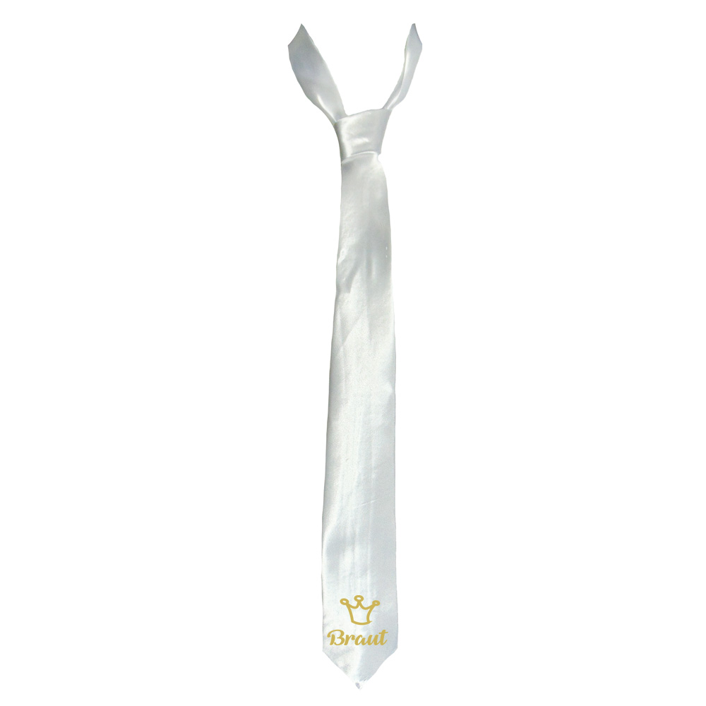 Weiße JGA-Krawatte mit goldfarbenem Braut-Schriftzug