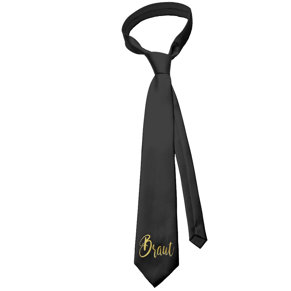 Schwarze JGA Braut-Krawatte mit goldfarbenem Aufdruck
