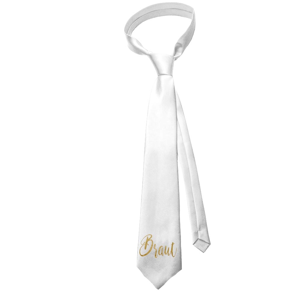 Weiße JGA Braut-Krawatte mit goldfarbenem Aufdruck