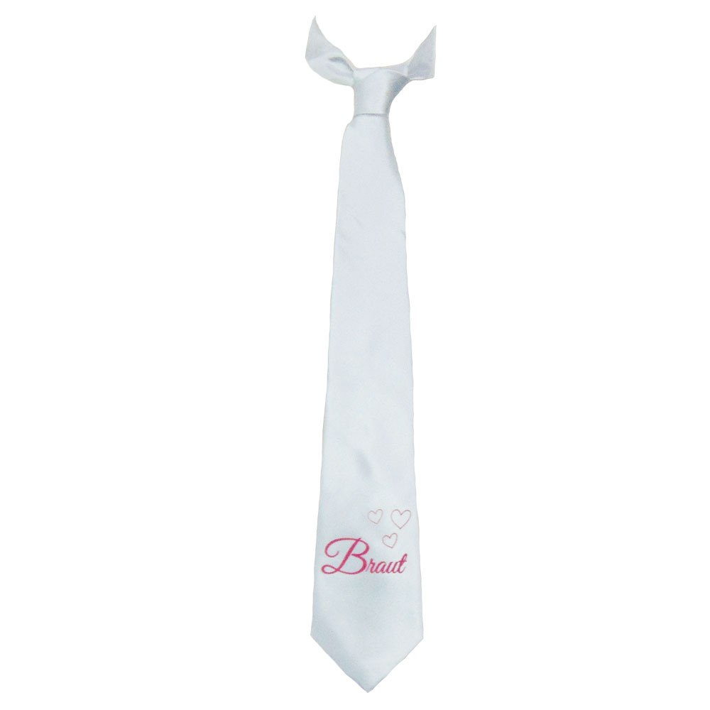 Weiße JGA-Krawatte mit Braut-Schriftzug und Herzen