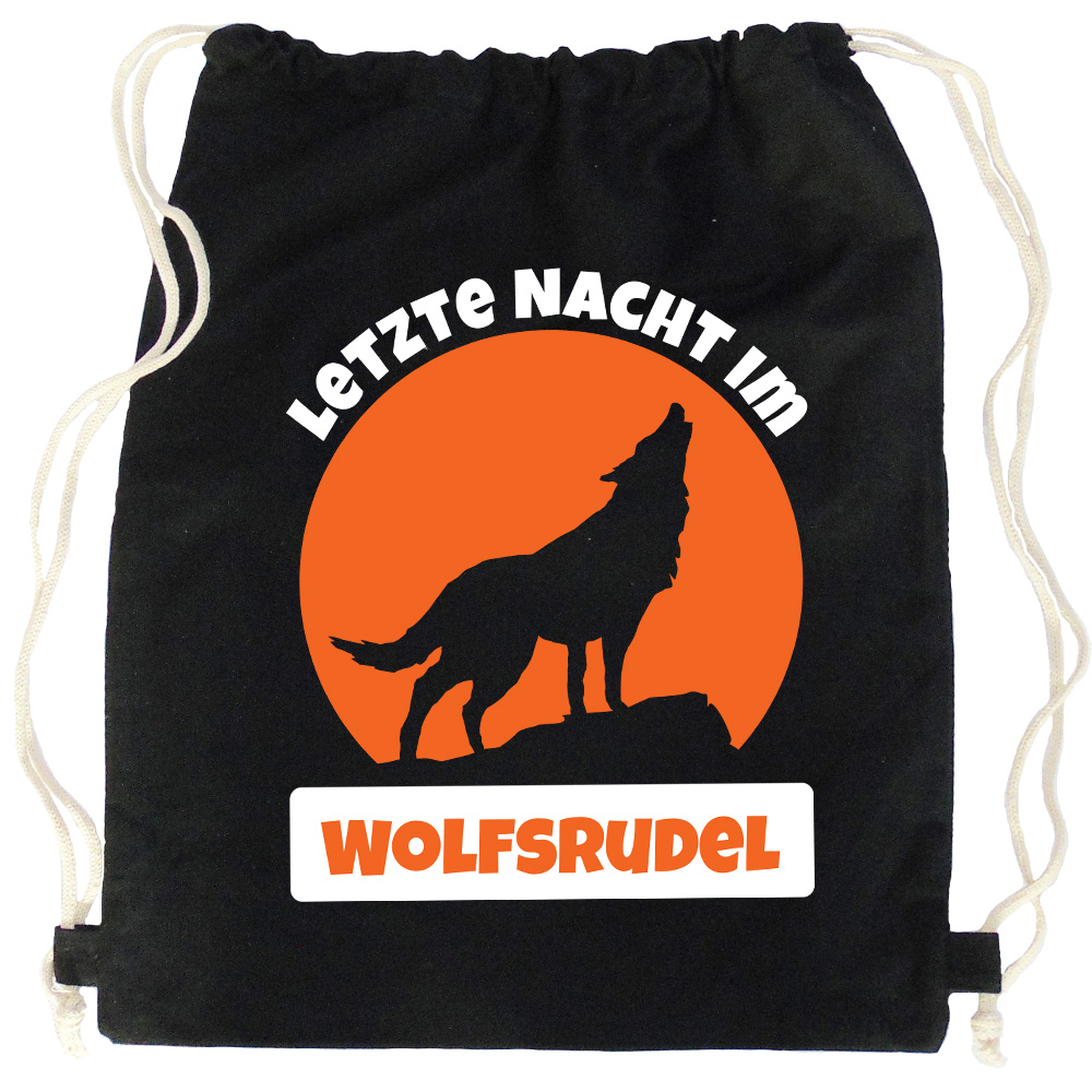 Schwarzer JGA Turnbeutel-Rucksack mit Wolfsrudel-Motiv