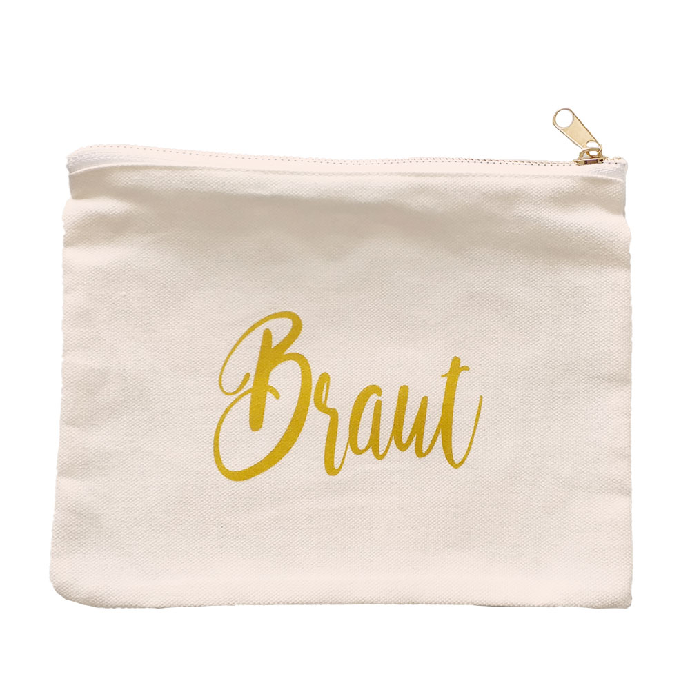 Weiße Make-Up-Tasche mit Braut-Schriftzug für den Junggesellinnenabschied