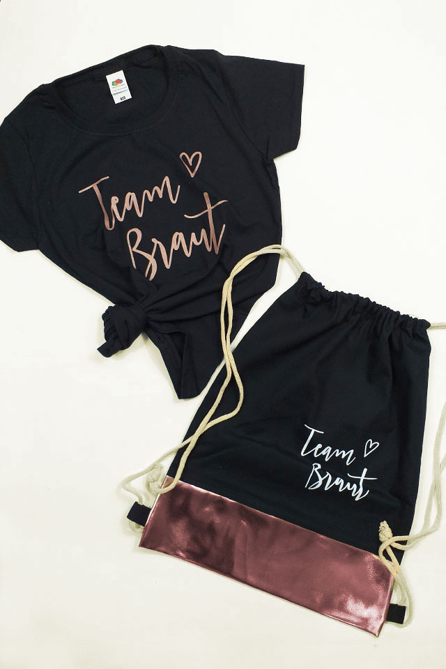 Team Braut JGA-Outfit in Rosegold - Shirt und Beutel