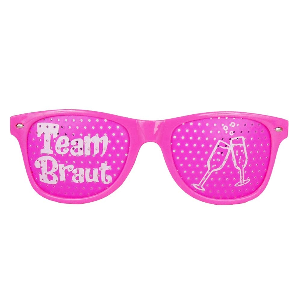 Pinkfarbene Team Braut JGA Brille mit Sektglas-Motiv