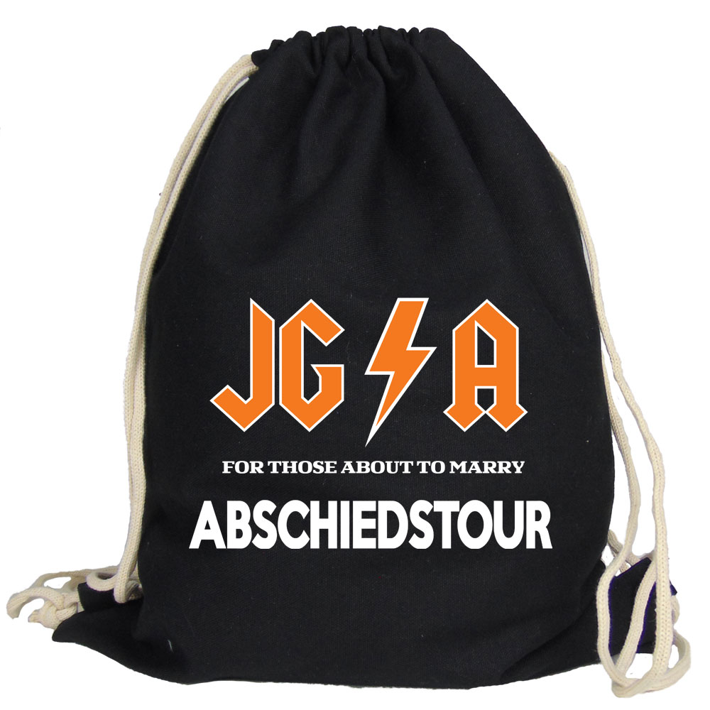 Schwarzer JGA-Rucksack mit Abschiedstour-Motiv im Hard Rock Stil