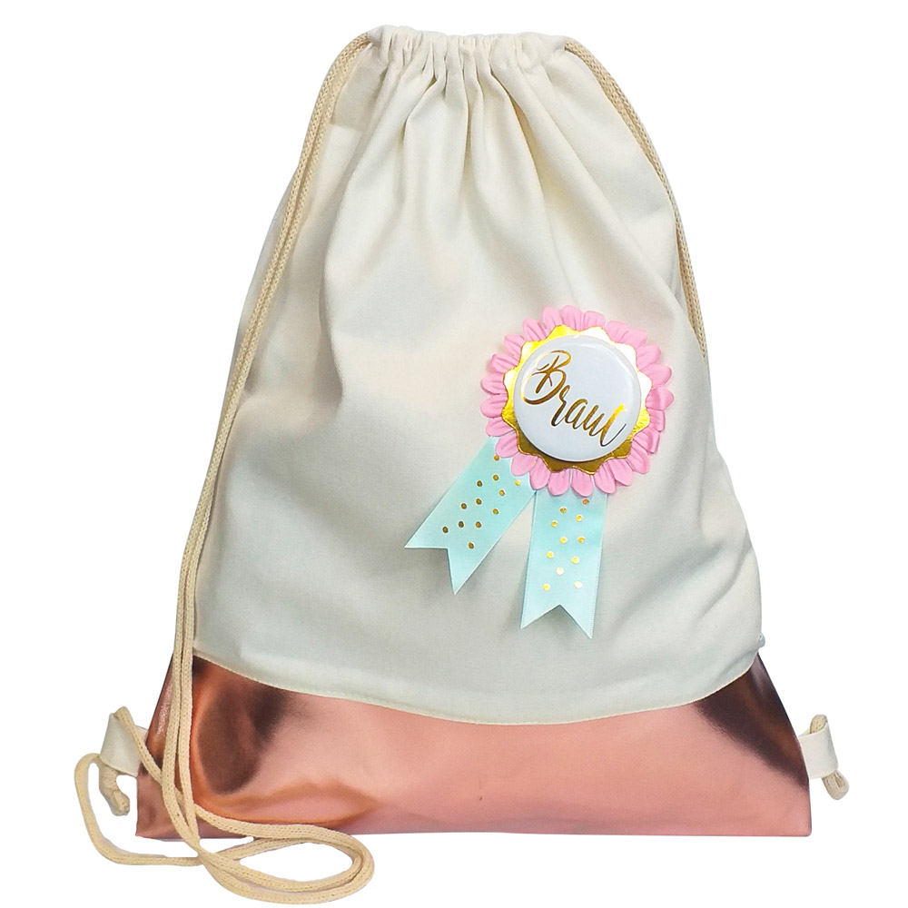 JGA Braut-Rucksack mit Anstecker in Weiss-Rosegold
