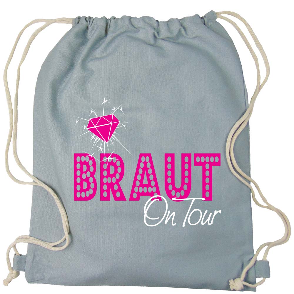 Grauer Rucksack mit Braut on Tour-Motiv fuer den Junggesellenabschied