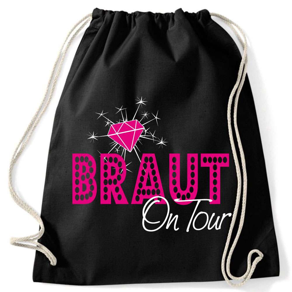 Schwarzer Rucksack mit Braut on Tour-Motiv