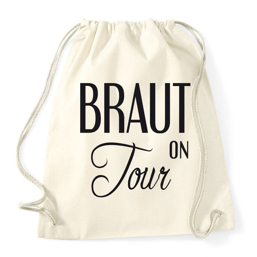 Vintage-Rucksack mit Braut on Tour-Motiv für den Junggesellenabschied