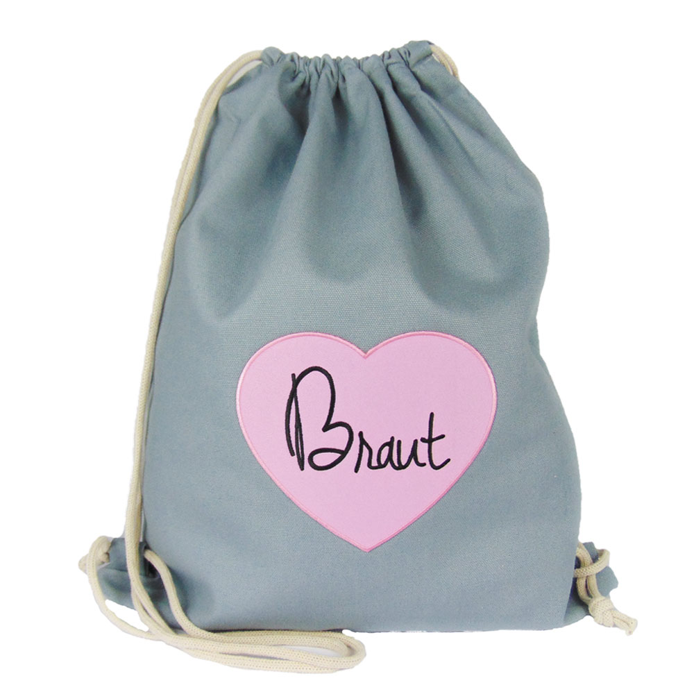 JGA Buegelbild Rucksack Braut - Grau mit rosa Herz im Aufnaeher-Design