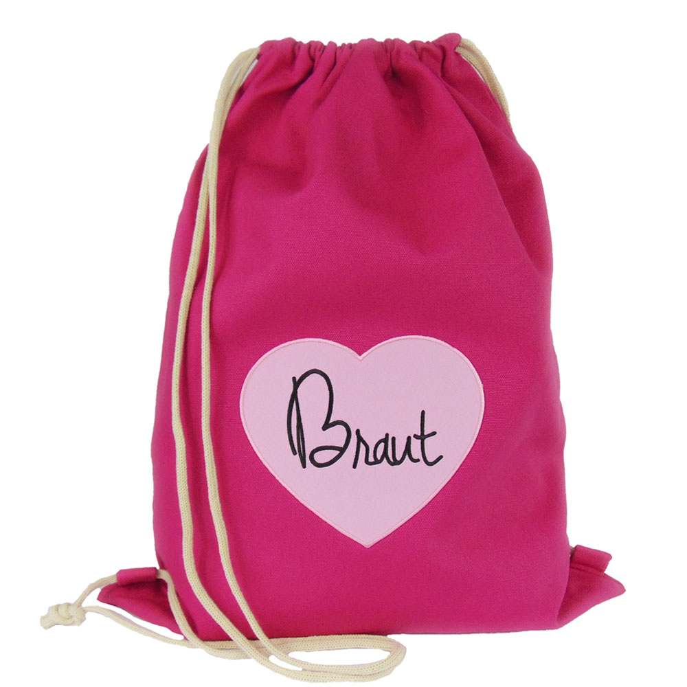 JGA Buegelbild Rucksack Braut - Pink mit besticktem Herz im Aufnaeher-Design