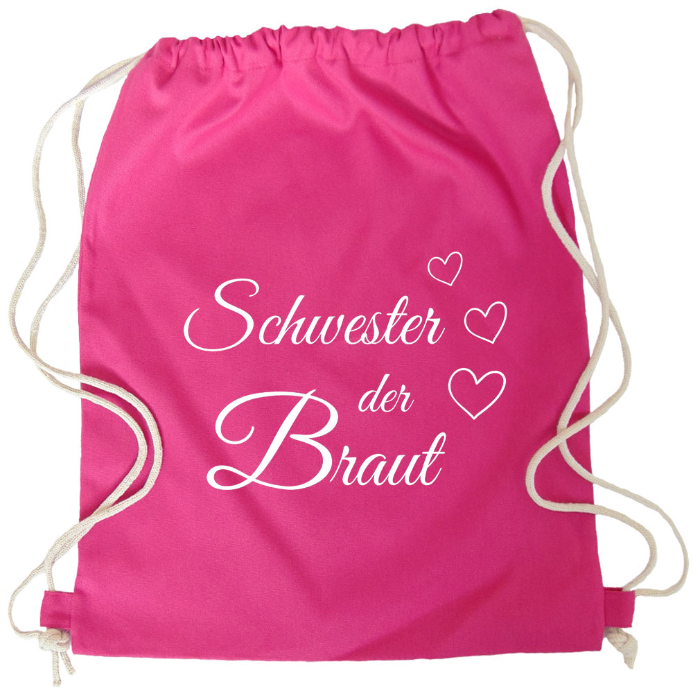 Pinkfarbener JGA Turnbeutel-Rucksack mit Schwester der Braut-Aufdruck und Herzen