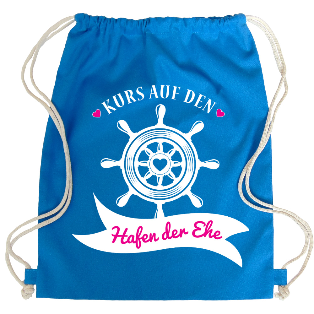 Blauer JGA Turnbeutel-Rucksack mit Hafen der Ehe-Aufdruck