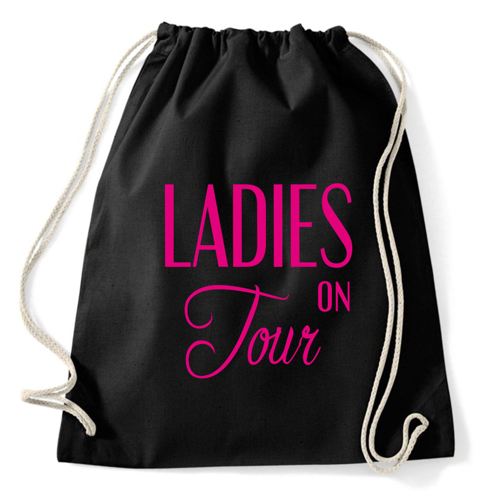 Schwarzer Rucksack mit Ladies on Tour-Motiv