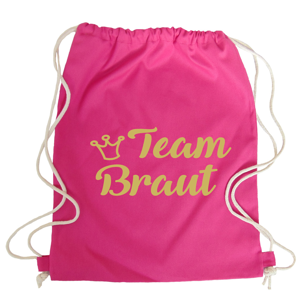 Pinkfarbener JGA-Rucksack mit goldfarbenem Team Braut-Motiv