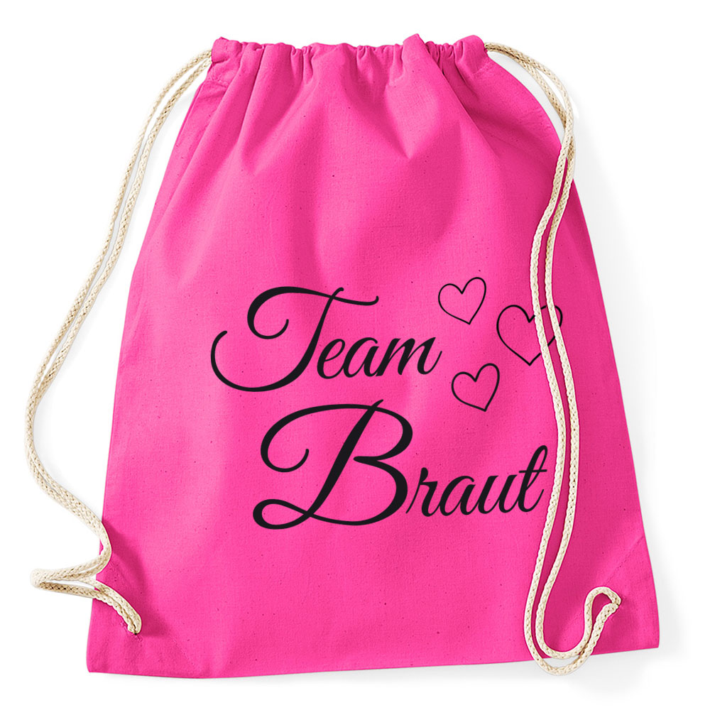 Pinkfarbener JGA-Rucksack mit Team Braut-Schriftzug und Herzen