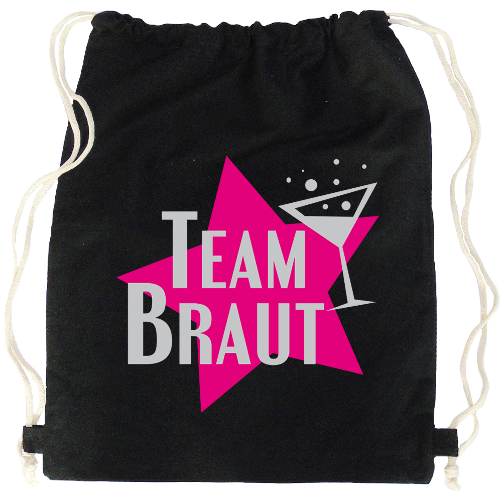 Schwarzer JGA-Rucksack mit Team Braut-Schriftzug und Stern-Motiv