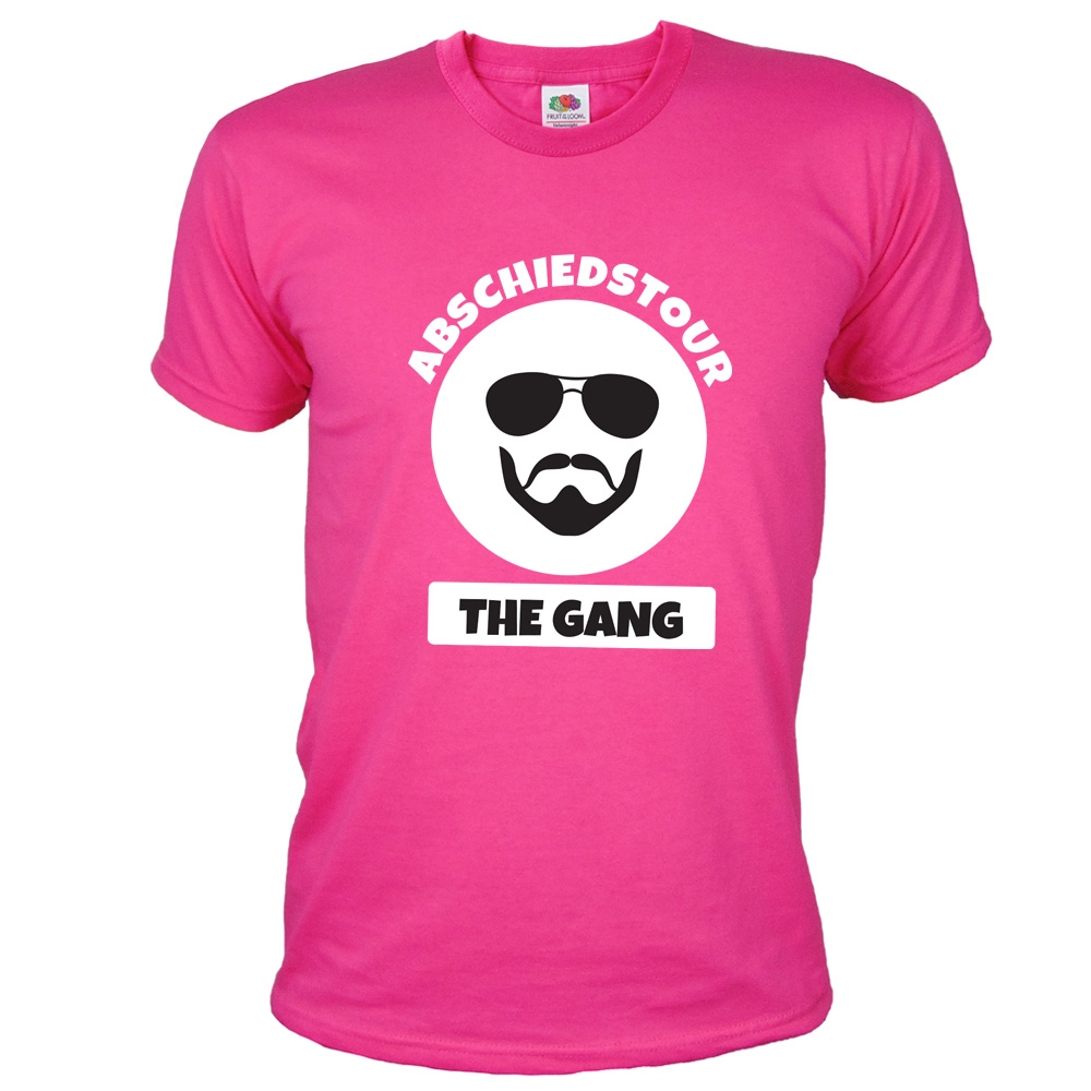 Pinkfarbenes JGA Abschiedstour-Shirt mit Gangster-Motiv