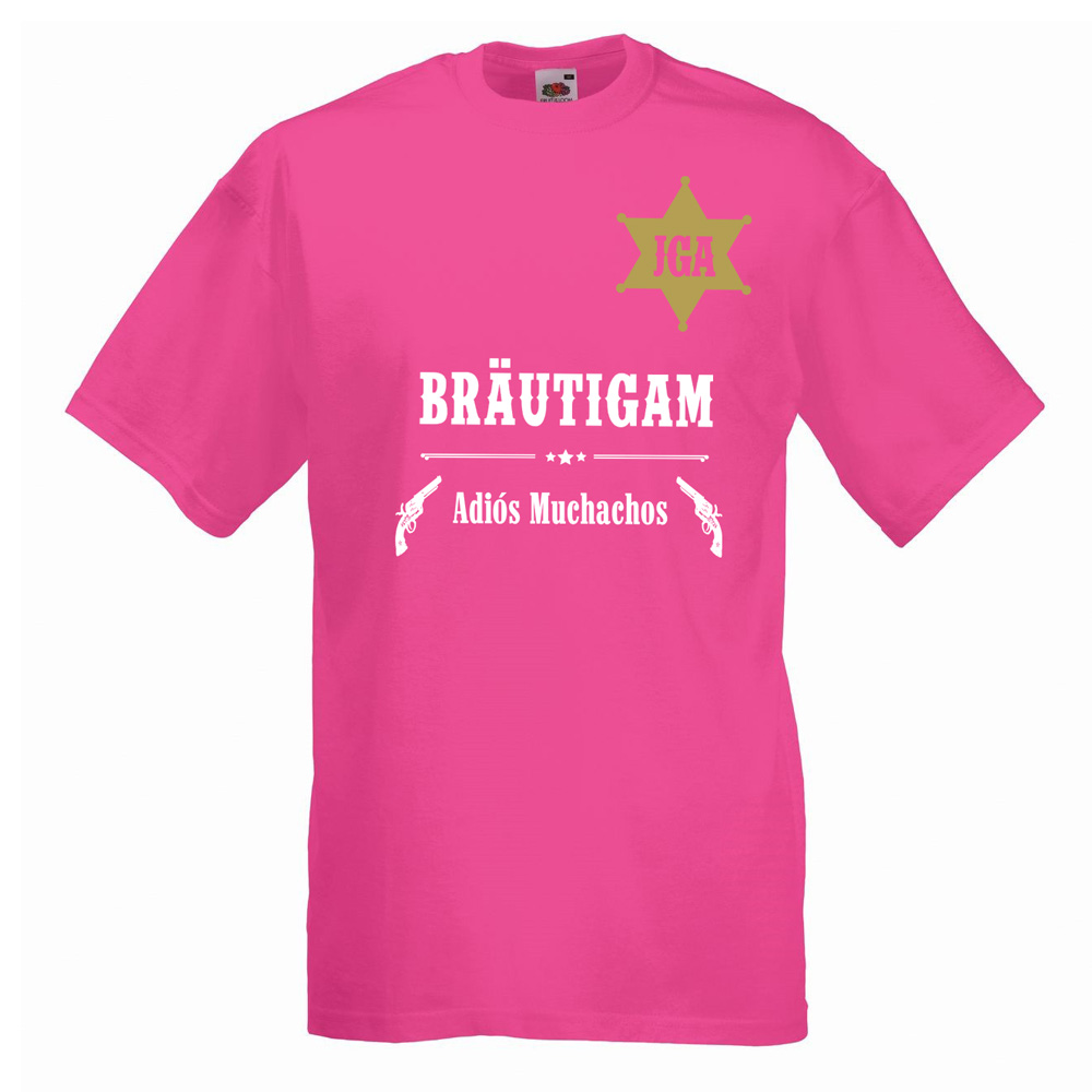Pinkfarbenes JGA-Männer-Shirt mit Bräutigam-Schriftzug im Sheriff-Design