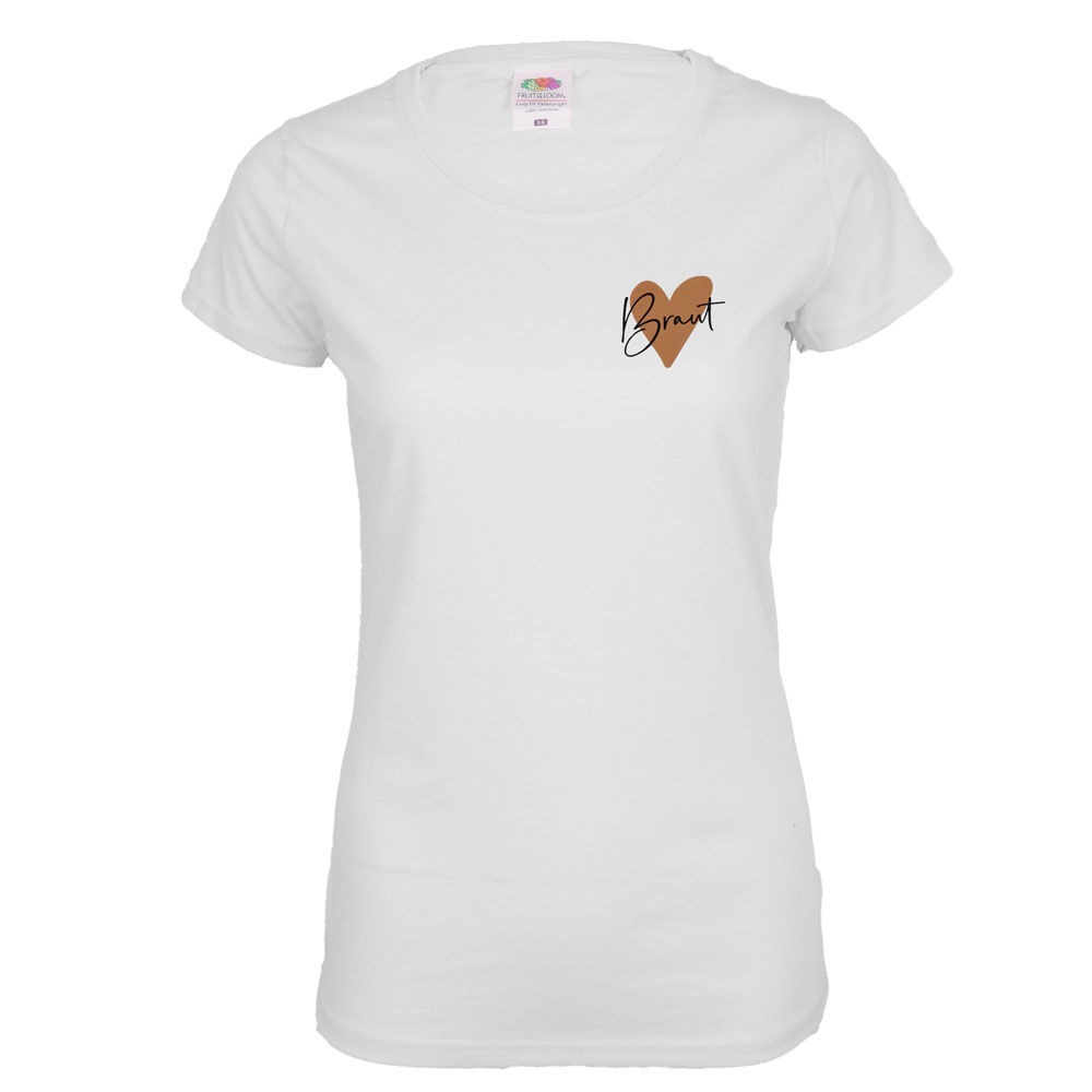 Stilvolles weisses Damen JGA-Shirt mit Braut-Herz-Brustlogo in Kupfer