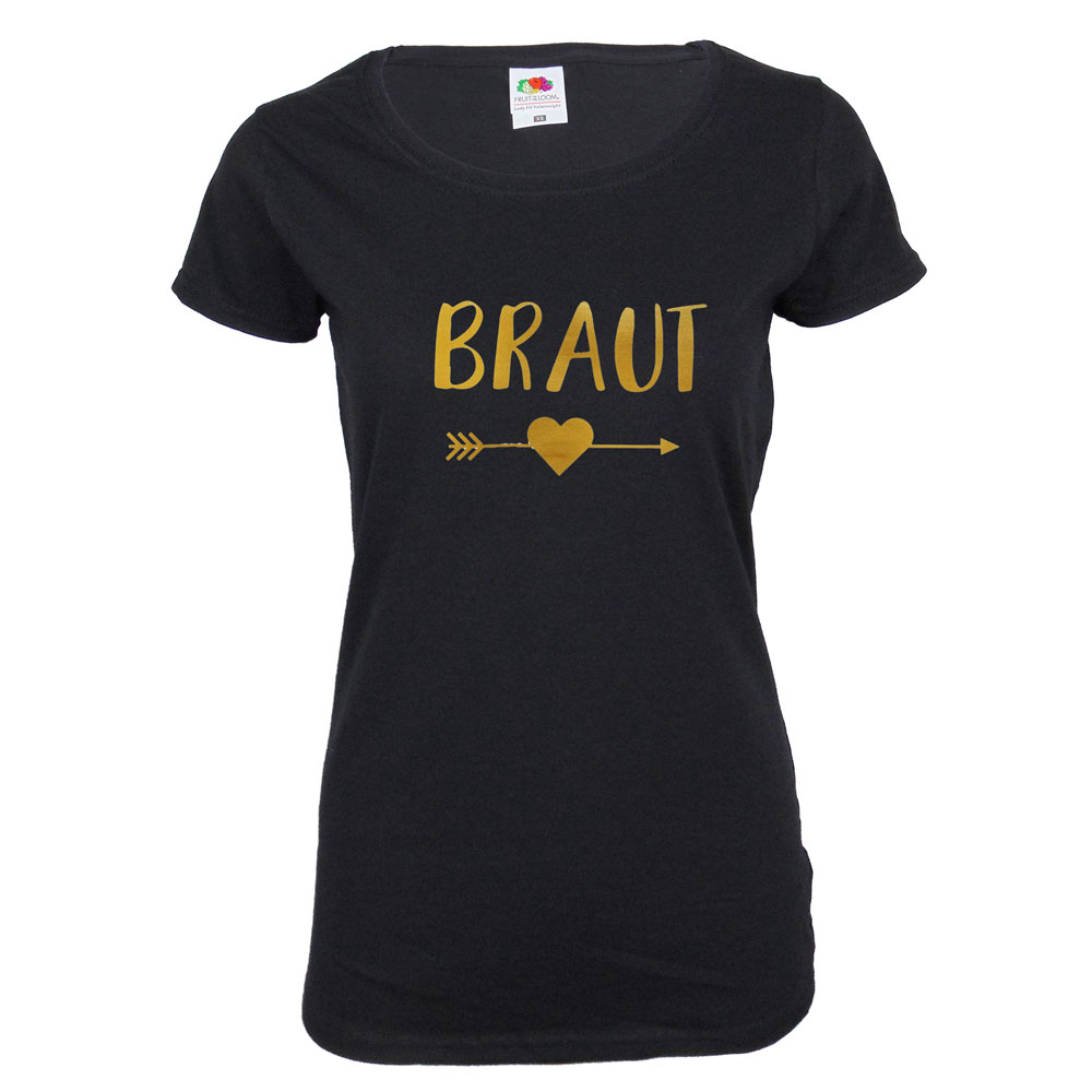 Schwarzes Braut JGA-Shirt mit goldfarbenem Herz und Pfeil-Aufdruck