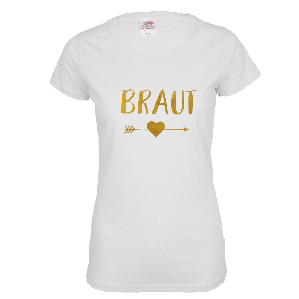 Weisses Braut JGA-Shirt mit goldfarbenem Herz und Pfeil-Aufdruck