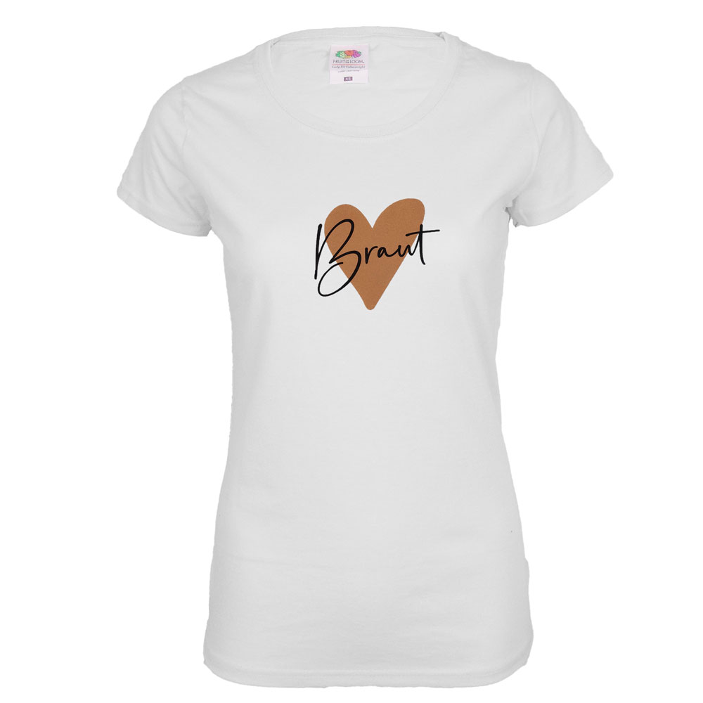 Damen JGA-Shirt: Weiss mit großem kupferfarbenem Herz und Braut-Schriftzug