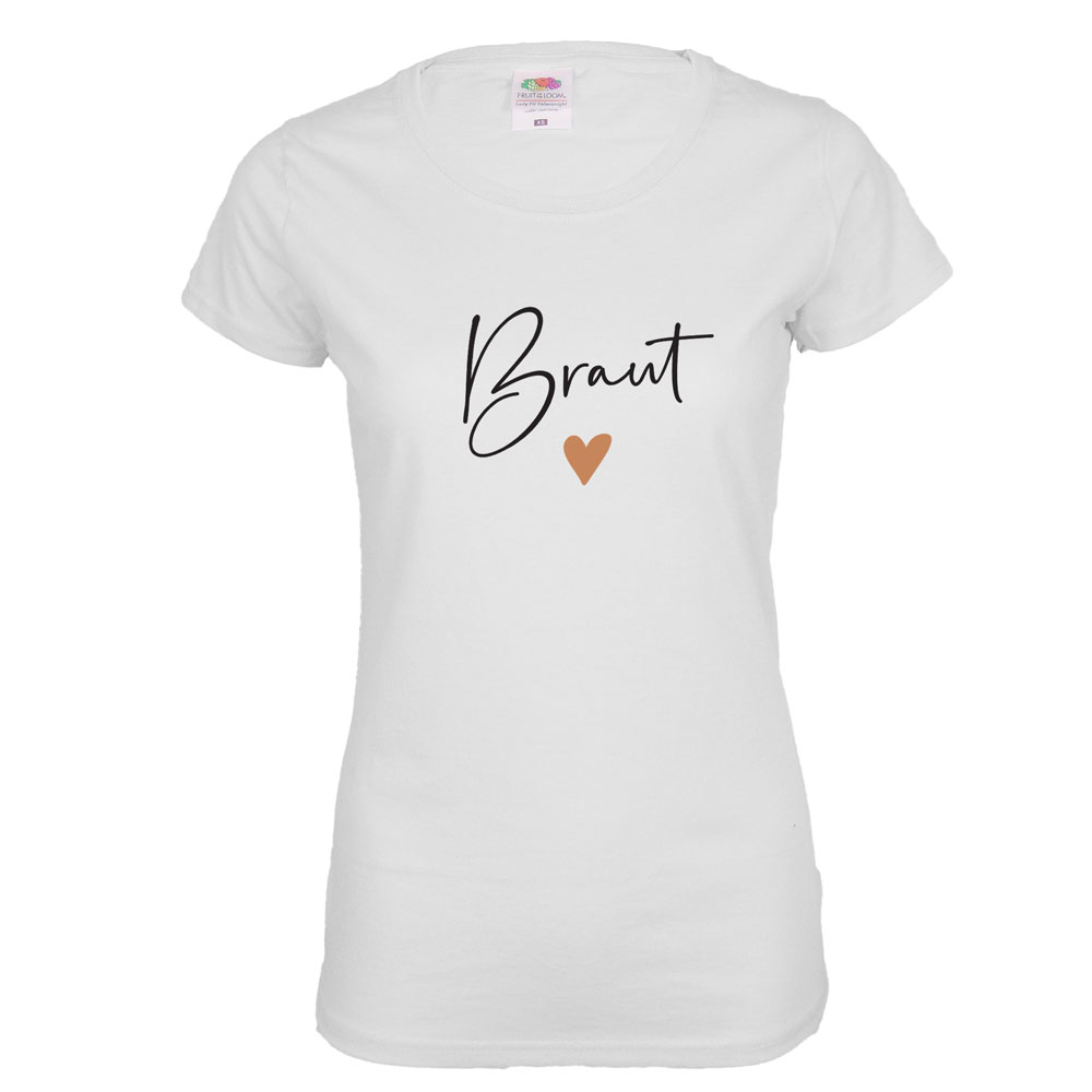 Damen JGA-Shirt: Weiss mit kupferfarbenem Herz und Braut-Aufdruck